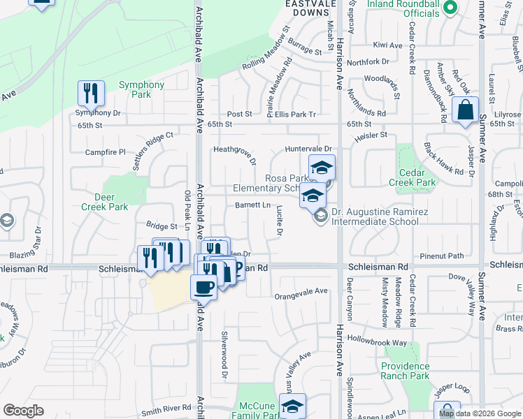 map of restaurants, bars, coffee shops, grocery stores, and more near 13945 Barnett Lane in Eastvale