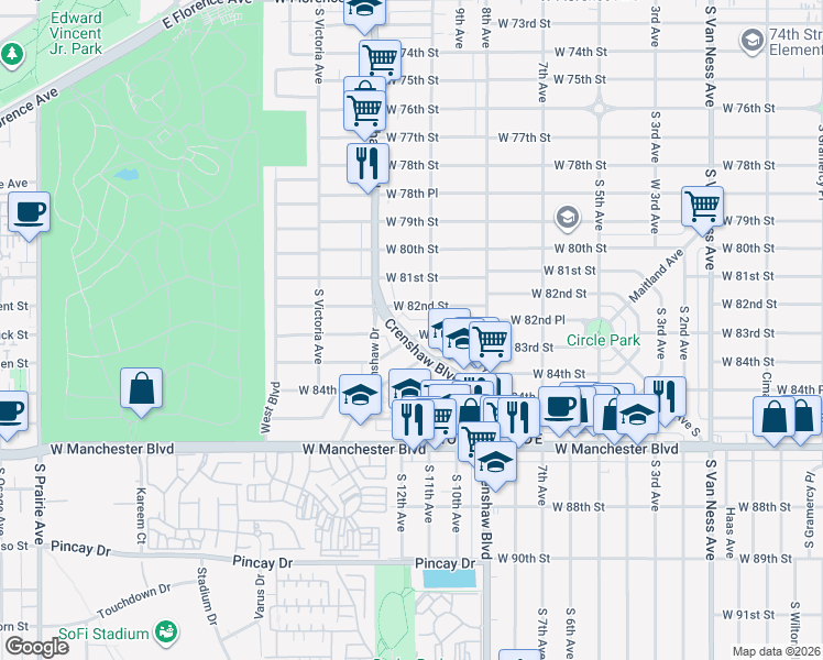 map of restaurants, bars, coffee shops, grocery stores, and more near 8321 Crenshaw Boulevard in Inglewood