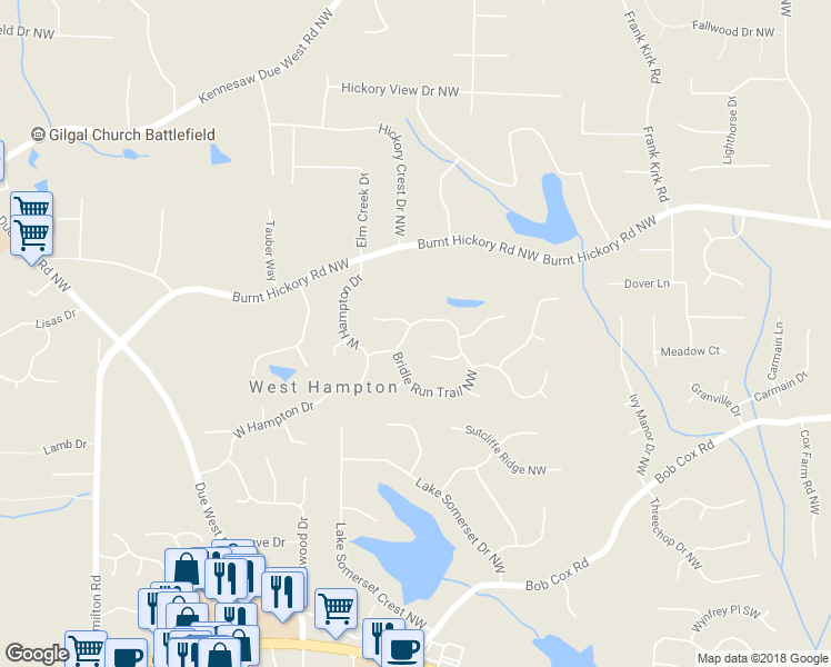 map of restaurants, bars, coffee shops, grocery stores, and more near 3391 Bridle Run Trail Northwest in Marietta