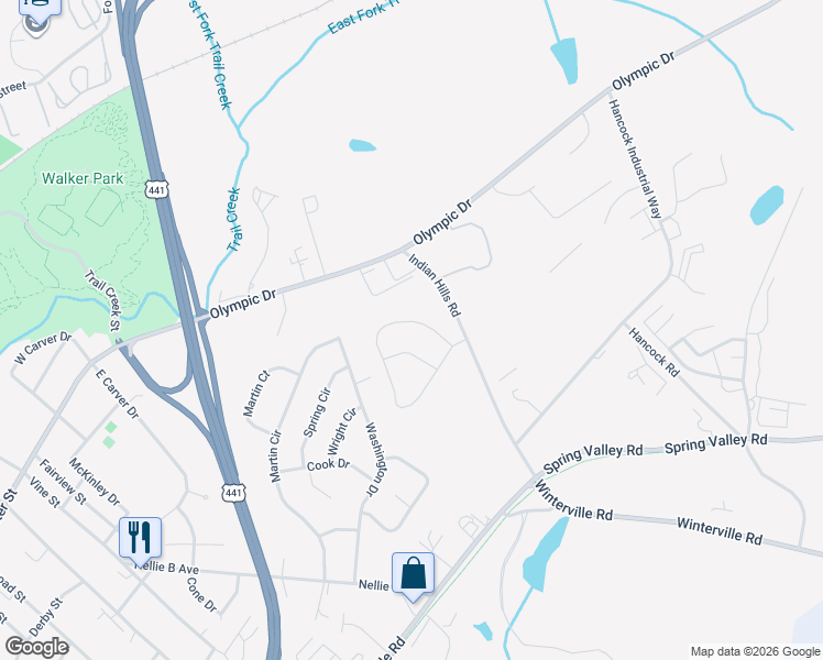 map of restaurants, bars, coffee shops, grocery stores, and more near 345 Woodridge Circle in Athens