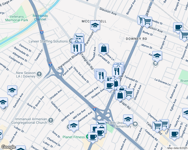 map of restaurants, bars, coffee shops, grocery stores, and more near 8322 Telegraph Road in Downey