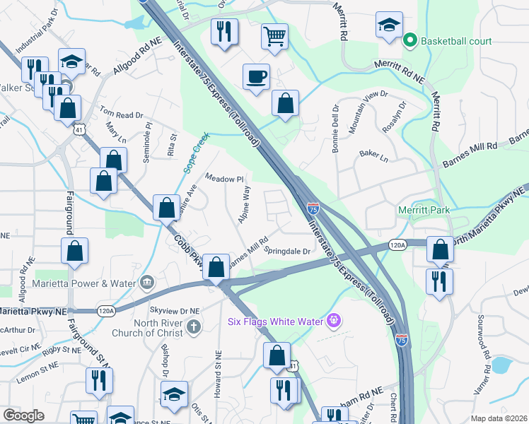 map of restaurants, bars, coffee shops, grocery stores, and more near 1101 Glenivy in Marietta