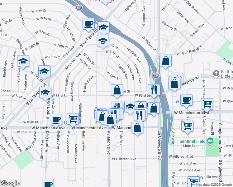 map of restaurants, bars, coffee shops, grocery stores, and more near 5516 West 82nd Street in Los Angeles