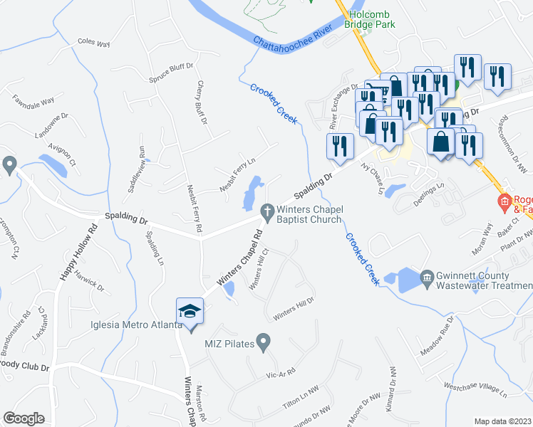 map of restaurants, bars, coffee shops, grocery stores, and more near Spalding Drive in Atlanta