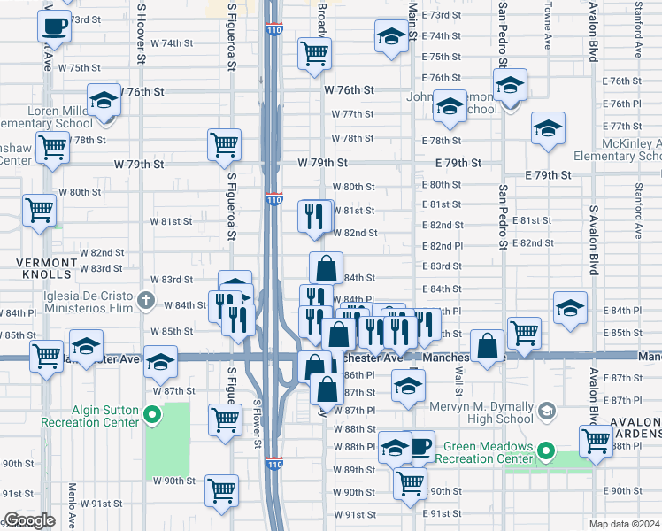 map of restaurants, bars, coffee shops, grocery stores, and more near 8310 South Broadway in Los Angeles