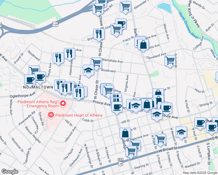 map of restaurants, bars, coffee shops, grocery stores, and more near 335 Lyndon Avenue in Athens