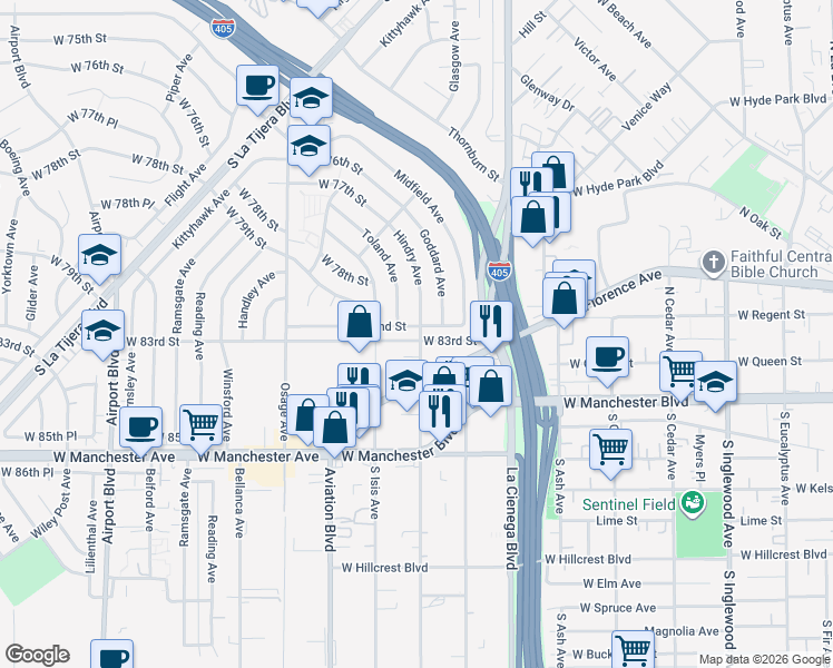 map of restaurants, bars, coffee shops, grocery stores, and more near 5400 West 82nd Street in Los Angeles