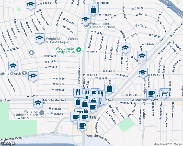 map of restaurants, bars, coffee shops, grocery stores, and more near 8120 Naylor Avenue in Los Angeles