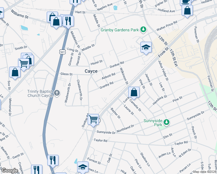 map of restaurants, bars, coffee shops, grocery stores, and more near 1601 Abbott Road in Cayce