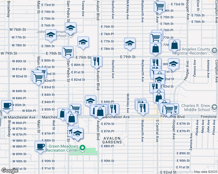 map of restaurants, bars, coffee shops, grocery stores, and more near 639 East 83rd Street in Los Angeles