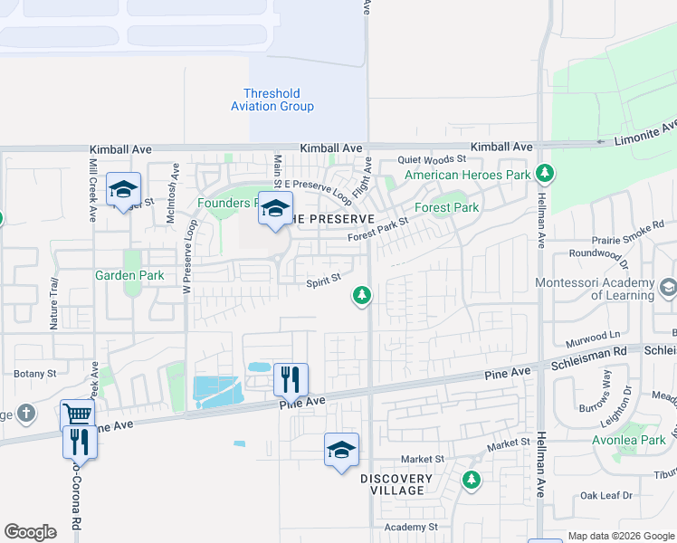 map of restaurants, bars, coffee shops, grocery stores, and more near 8432 Spirit Street in Chino