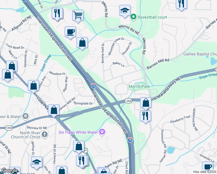 map of restaurants, bars, coffee shops, grocery stores, and more near 1060 Barnes Mill Road in Marietta