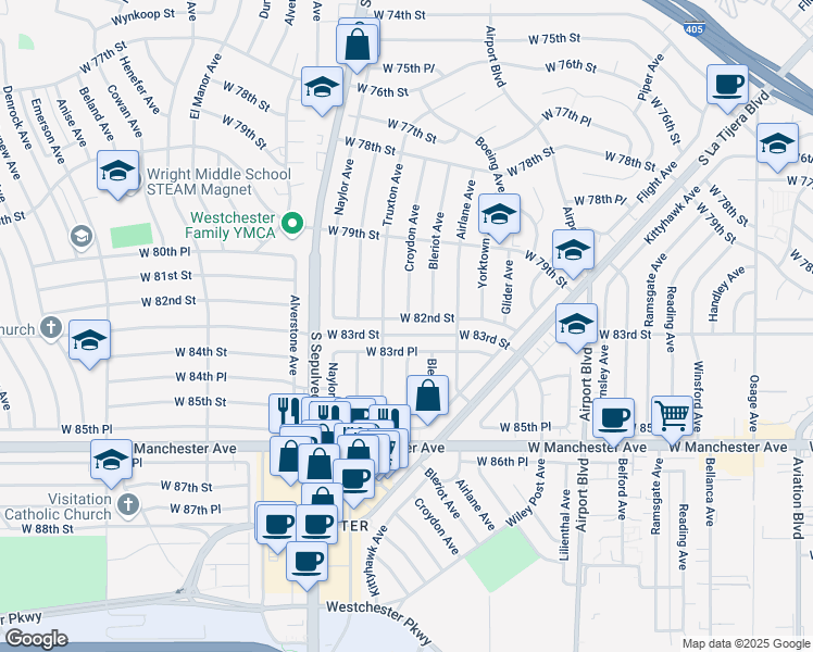 map of restaurants, bars, coffee shops, grocery stores, and more near 6132 West 82nd Street in Los Angeles