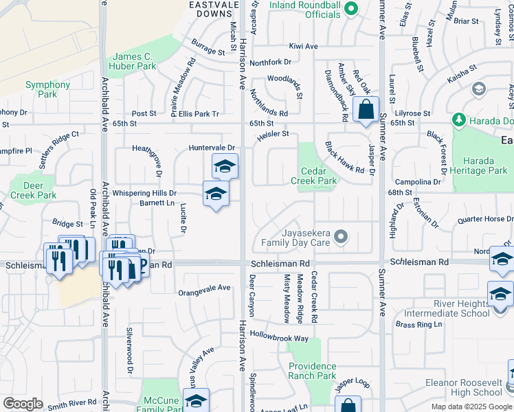 map of restaurants, bars, coffee shops, grocery stores, and more near 6836 Red Cardinal Court in Corona