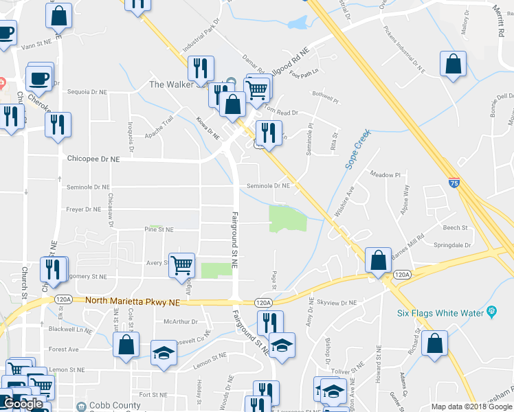 map of restaurants, bars, coffee shops, grocery stores, and more near 516 Fairground Street North in Marietta