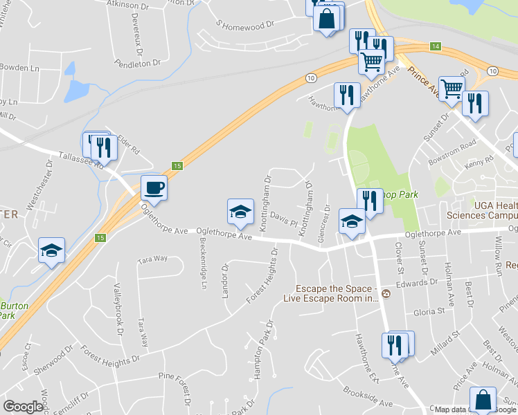 map of restaurants, bars, coffee shops, grocery stores, and more near 430 Knottingham Drive in Athens