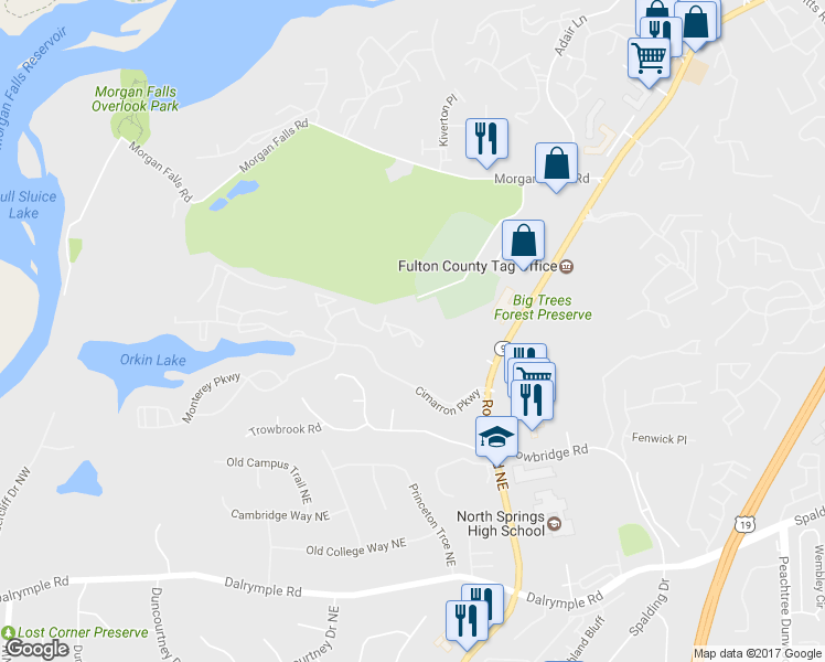 map of restaurants, bars, coffee shops, grocery stores, and more near 7306 Santa Fe Parkway in Sandy Springs