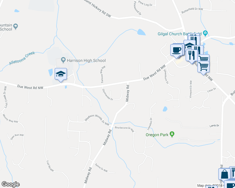map of restaurants, bars, coffee shops, grocery stores, and more near 4225 Due West Road Northwest in Kennesaw