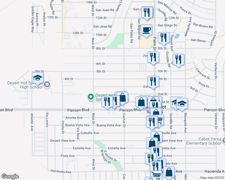 map of restaurants, bars, coffee shops, grocery stores, and more near 66126 3rd Street in Desert Hot Springs