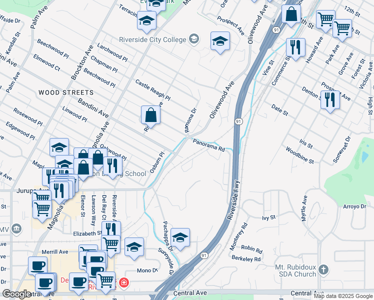 map of restaurants, bars, coffee shops, grocery stores, and more near 3320 Panorama Road in Riverside