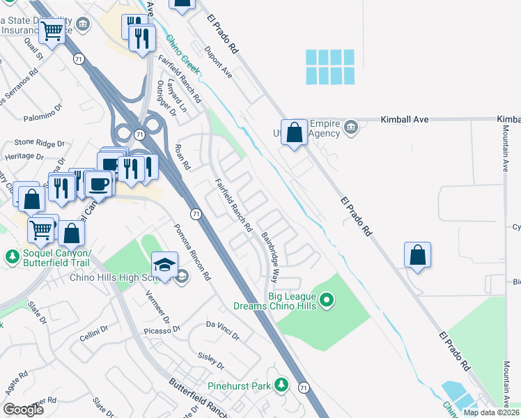 map of restaurants, bars, coffee shops, grocery stores, and more near 5624 Ashland Court in Chino Hills