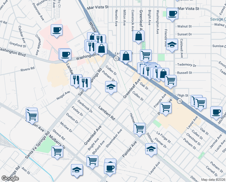 map of restaurants, bars, coffee shops, grocery stores, and more near 12744 Putnam Street in Whittier