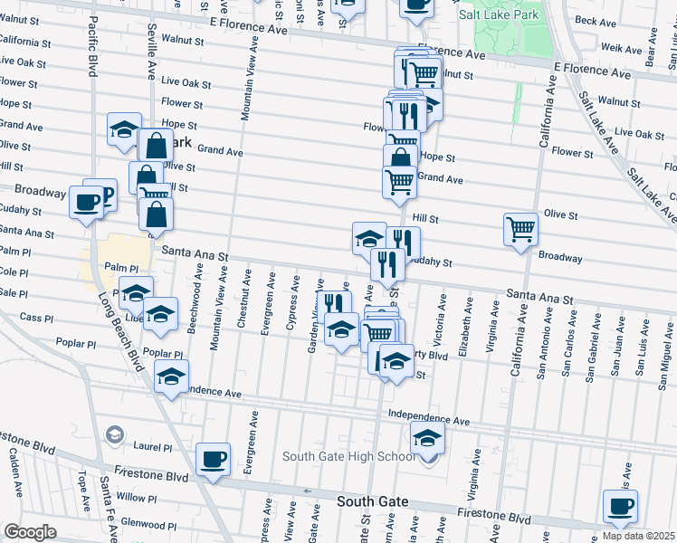 map of restaurants, bars, coffee shops, grocery stores, and more near 3124 Cudahy Street in Walnut Park