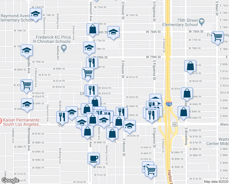 map of restaurants, bars, coffee shops, grocery stores, and more near 835 West 82nd Street in Los Angeles