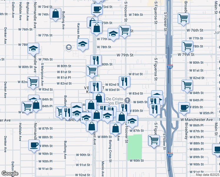map of restaurants, bars, coffee shops, grocery stores, and more near 921 West 82nd Street in Los Angeles