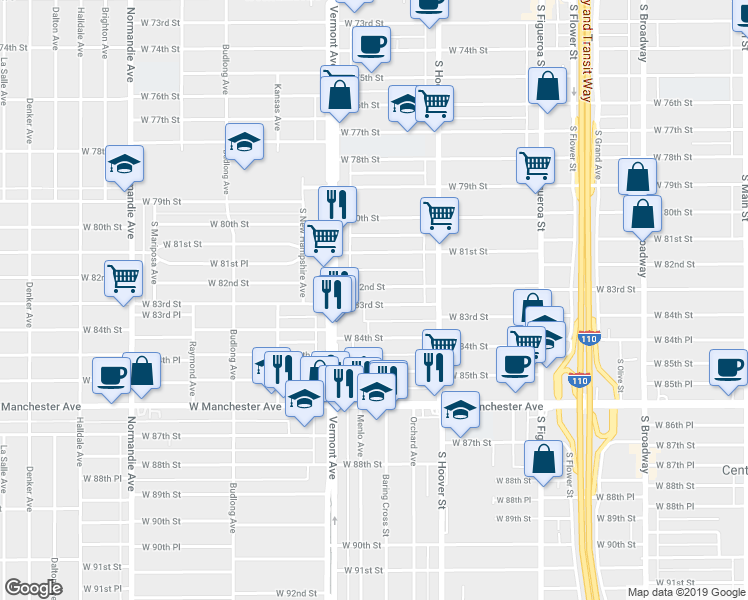 map of restaurants, bars, coffee shops, grocery stores, and more near 921 West 82nd Street in Los Angeles