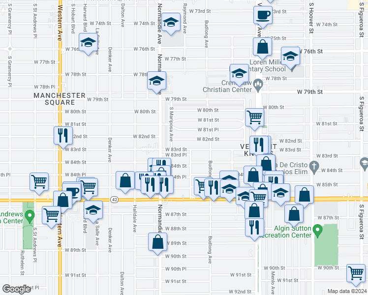 map of restaurants, bars, coffee shops, grocery stores, and more near 1245 West 82nd Street in Los Angeles