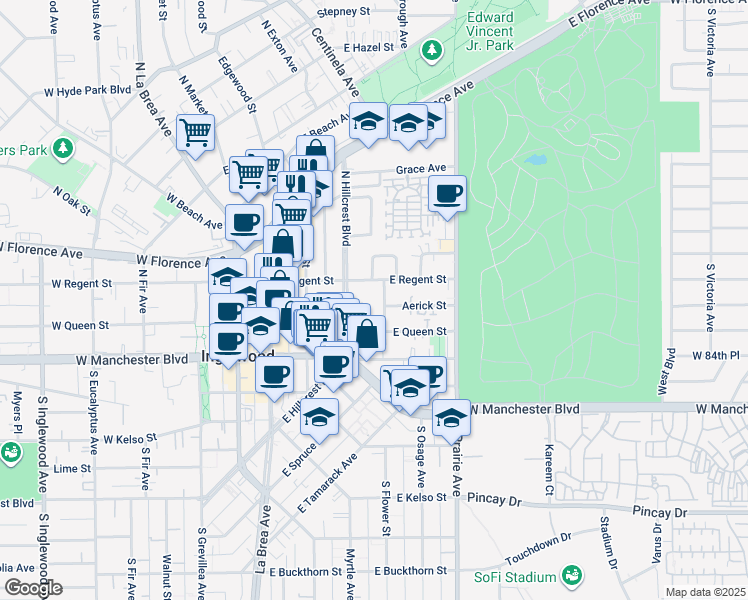 map of restaurants, bars, coffee shops, grocery stores, and more near 600 East Regent Street in Inglewood
