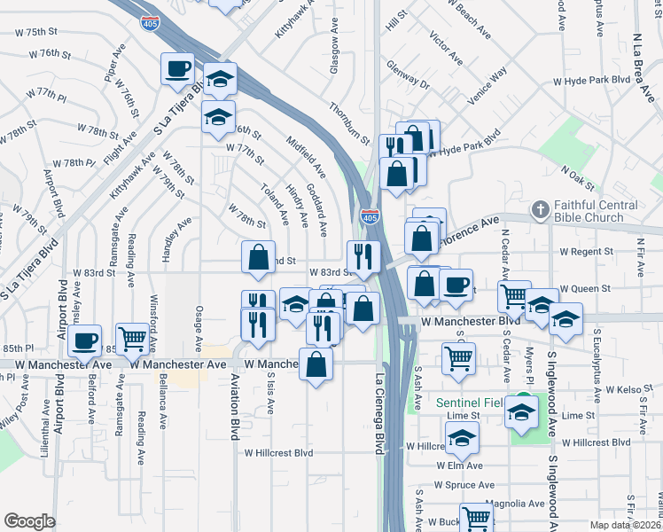 map of restaurants, bars, coffee shops, grocery stores, and more near 7840 Goddard Avenue in Los Angeles
