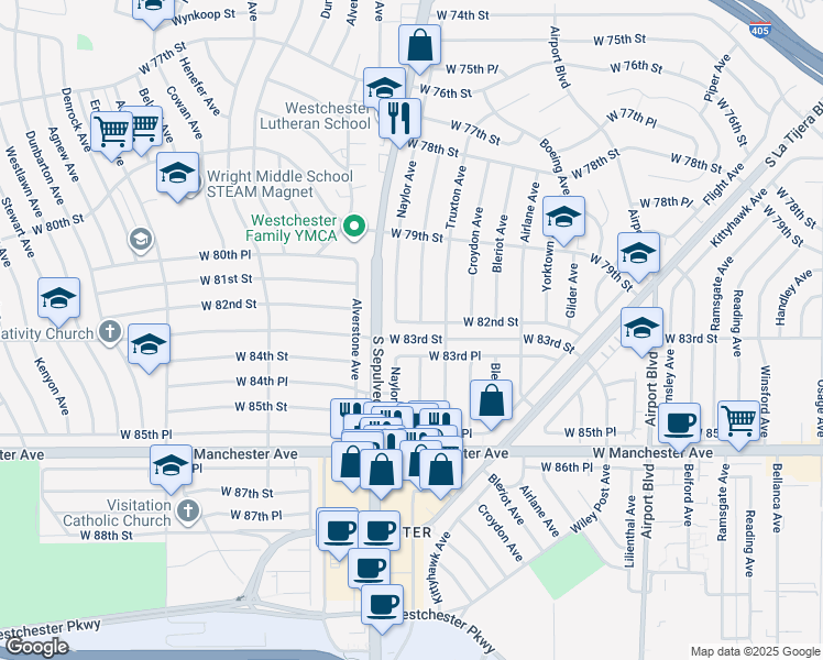 map of restaurants, bars, coffee shops, grocery stores, and more near 8120 Naylor Avenue in Los Angeles