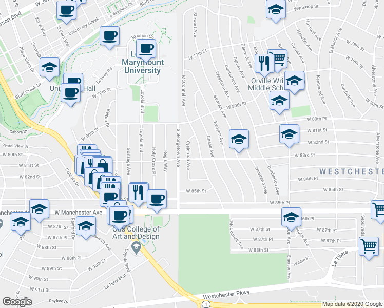map of restaurants, bars, coffee shops, grocery stores, and more near 8125 Creighton Avenue in Los Angeles