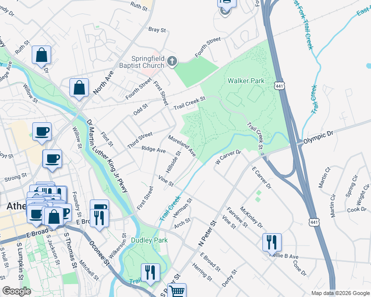map of restaurants, bars, coffee shops, grocery stores, and more near 109 Moreland Avenue in Athens