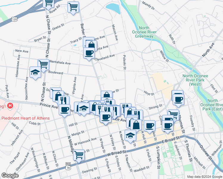 map of restaurants, bars, coffee shops, grocery stores, and more near 170 Hendrix Avenue in Athens