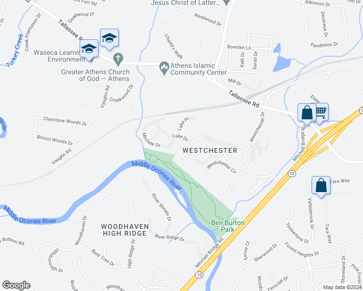 map of restaurants, bars, coffee shops, grocery stores, and more near 102 Lake Drive in Athens