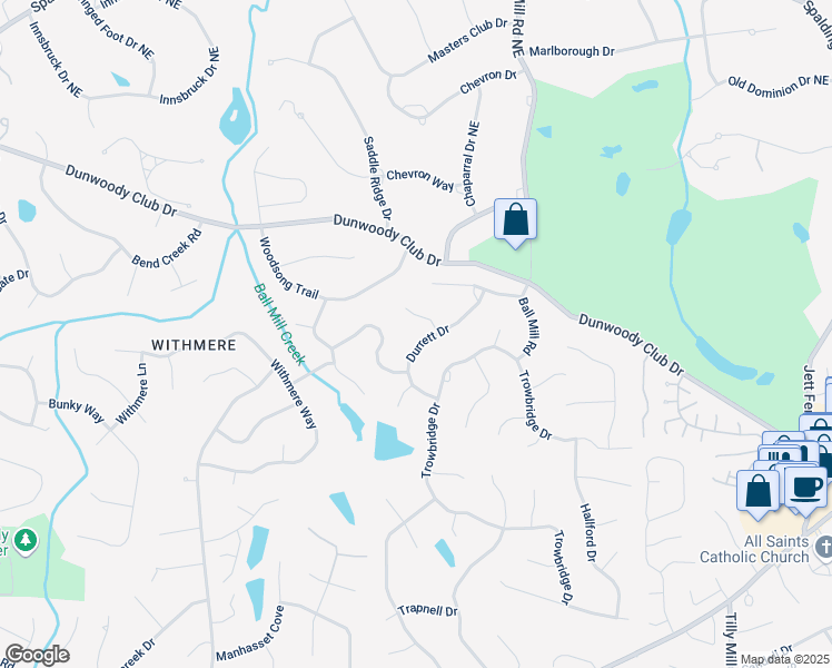 map of restaurants, bars, coffee shops, grocery stores, and more near 5545 Durrett Drive in Dunwoody