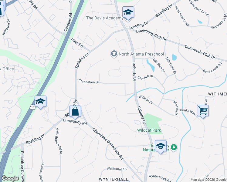 map of restaurants, bars, coffee shops, grocery stores, and more near 1127 Coronation Drive in Dunwoody