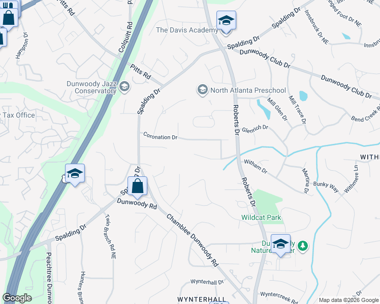 map of restaurants, bars, coffee shops, grocery stores, and more near 1106 Aurora Court in Dunwoody