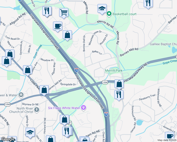 map of restaurants, bars, coffee shops, grocery stores, and more near 1060 Barnes Mill Road in Marietta