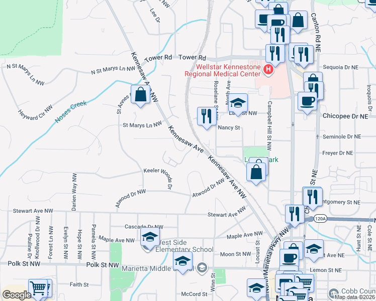 map of restaurants, bars, coffee shops, grocery stores, and more near 495 Chowning Place Northwest in Marietta