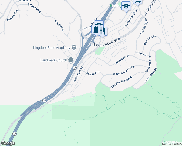 map of restaurants, bars, coffee shops, grocery stores, and more near 20877 Gold Run Drive in Diamond Bar