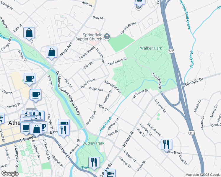 map of restaurants, bars, coffee shops, grocery stores, and more near 247 Hillside Street in Athens