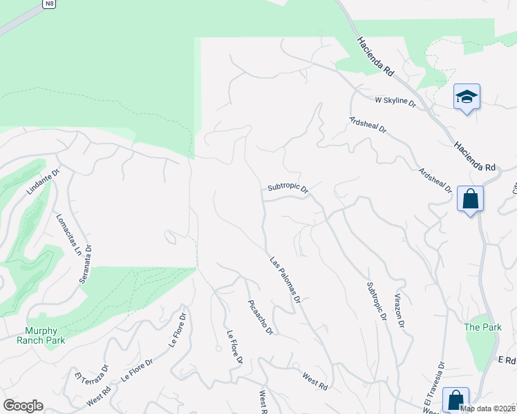map of restaurants, bars, coffee shops, grocery stores, and more near 2115 Las Palomas Drive in La Habra