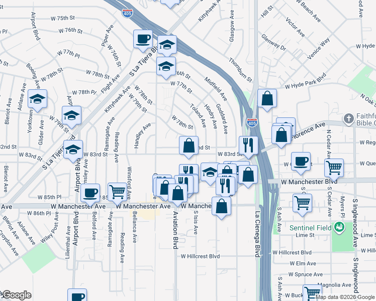 map of restaurants, bars, coffee shops, grocery stores, and more near 5516 West 82nd Street in Los Angeles