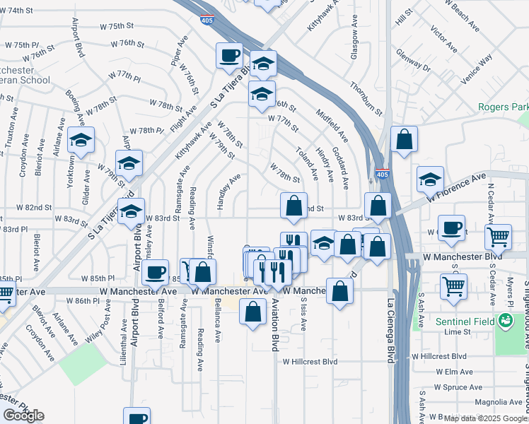 map of restaurants, bars, coffee shops, grocery stores, and more near 5566 West 82nd Street in Los Angeles