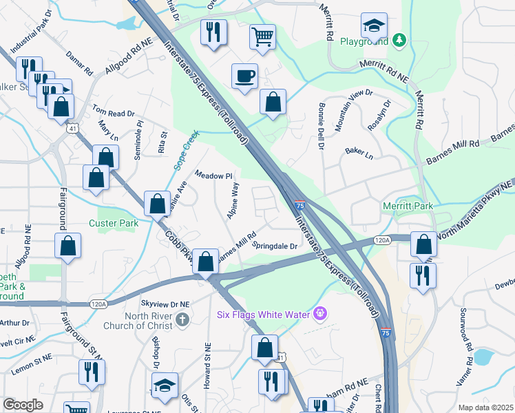 map of restaurants, bars, coffee shops, grocery stores, and more near 201 Glenivy in Marietta