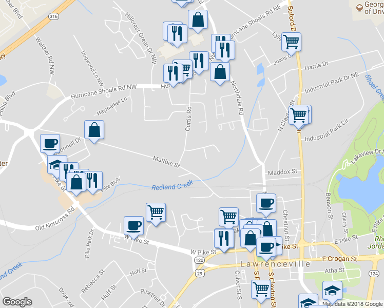 map of restaurants, bars, coffee shops, grocery stores, and more near 68 Curtis Road in Lawrenceville